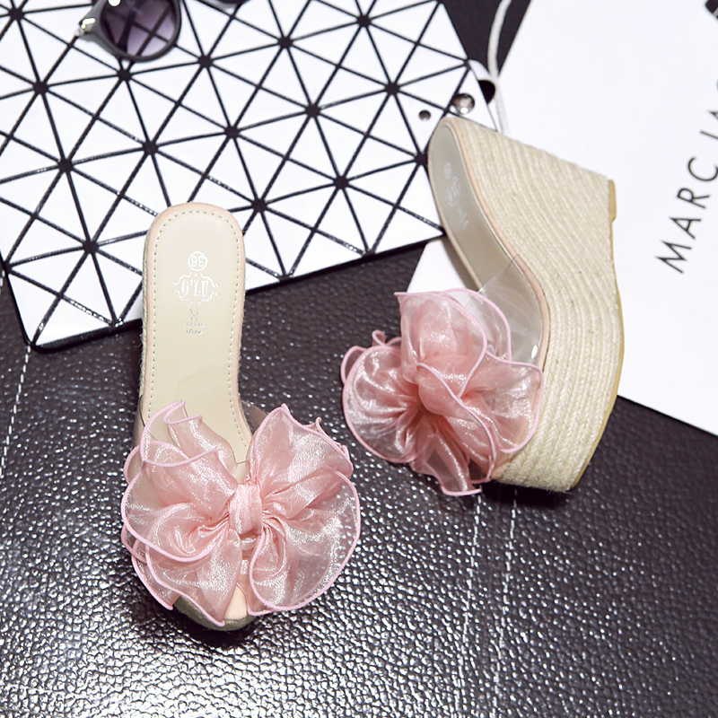 10cm Wedge Summer Bow Espadrille Transparent Platform Slide Sandals Plus Size One-Band High Heel Women - Image 4