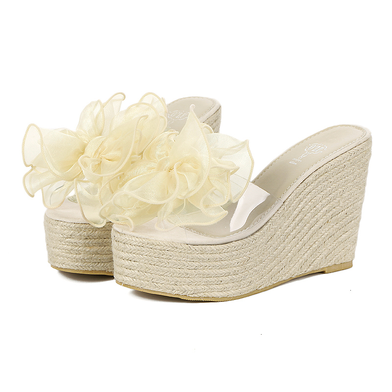 10cm Wedge Summer Bow Espadrille Transparent Platform Slide Sandals Plus Size One-Band High Heel Women - Image 5