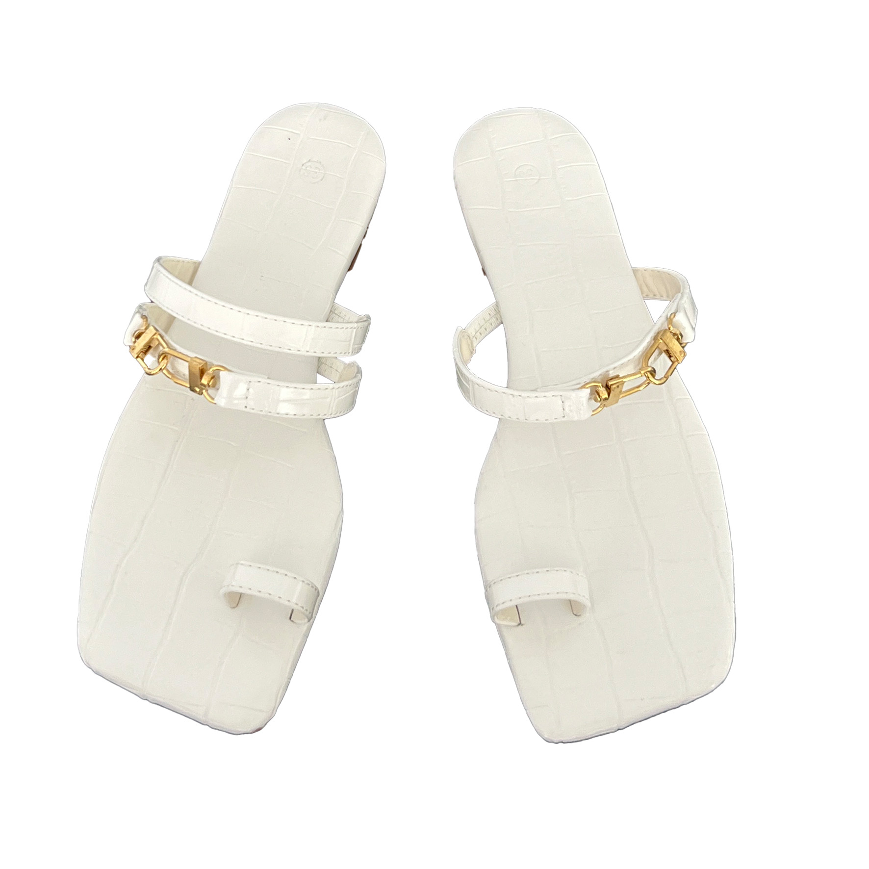 2023 Summer New Real Leather Square Toe Crocodile Pattern Gold Buckle Toe Loop Flat Sandals Women Beach Shoes - Image 5