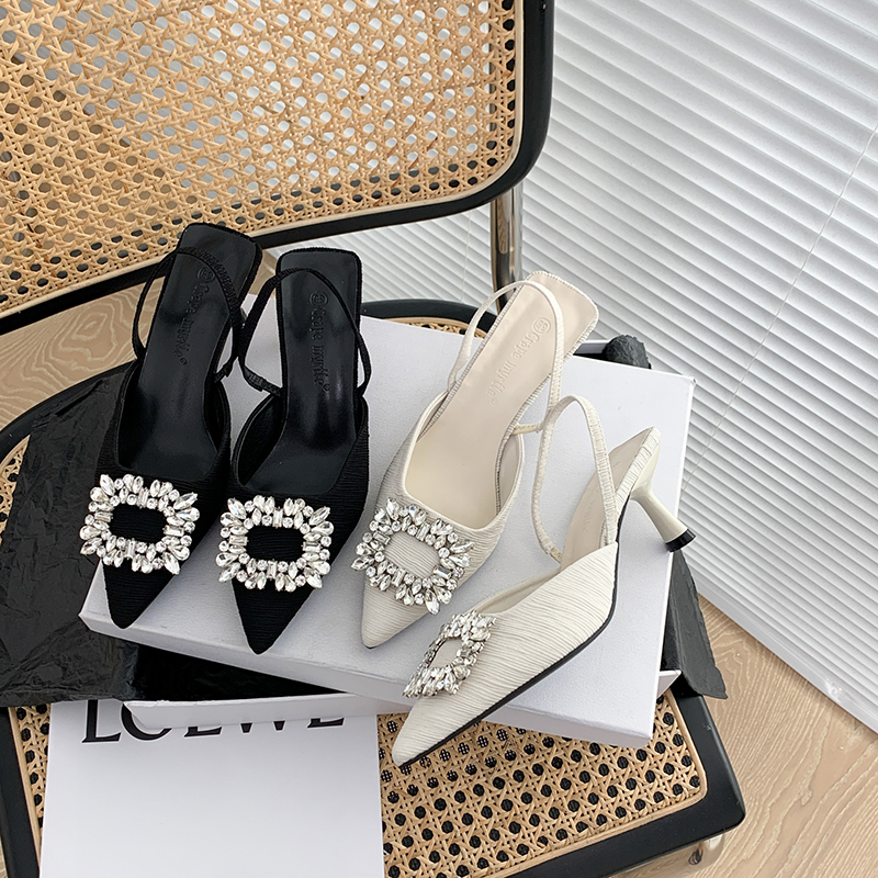 2024 New Square Buckle Rhinestone Pointed Toe Open Back Kitten Heel Sandals for Women Summer - Image 2