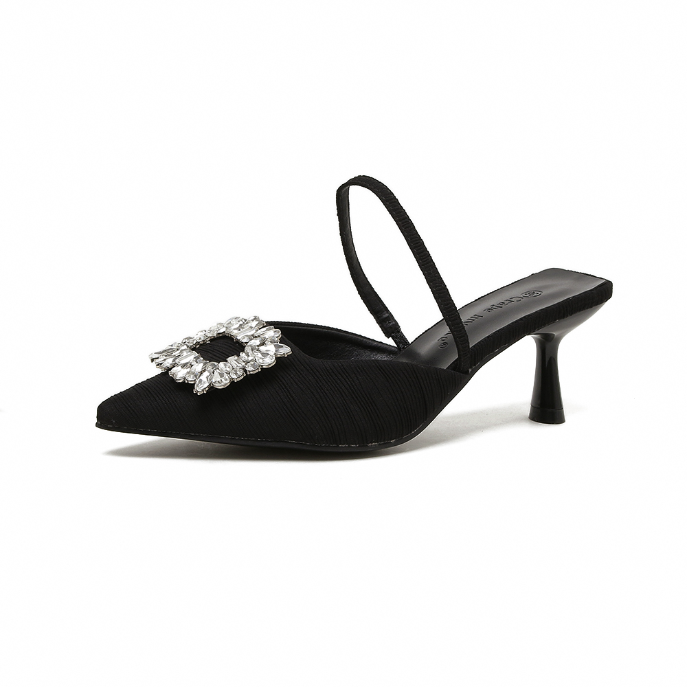 2024 New Square Buckle Rhinestone Pointed Toe Open Back Kitten Heel Sandals for Women Summer - Image 5