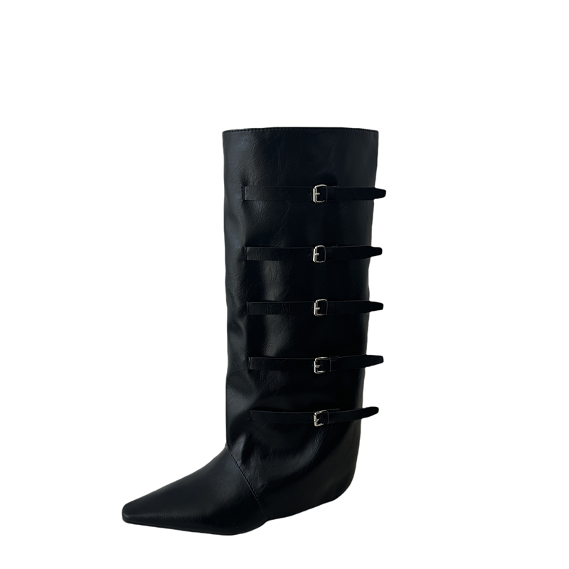 2026 Autumn Winter Wedge Heel Tube Boots with Buckle, Pointed Toe Cowboy Boots, Retro Hot Girl Knight Boots for Women - Image 5
