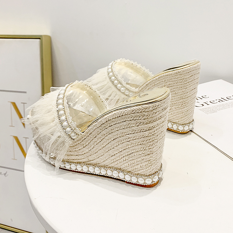 2026 New Summer Wedge Slippers for Women Korean Style Versatile Woven Straw Pearl Fashion Platform High Heel Sandals - Image 4