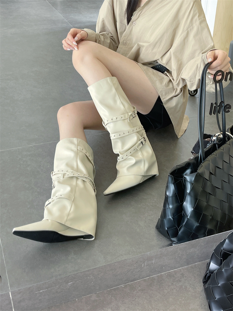 2026 New Winter Fashion Boots for Women - High Heel Studded Belt Buckle Pointed Toe Over-the-Knee Boots