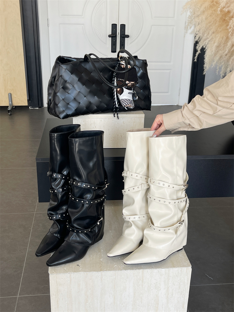 2026 New Winter Fashion Boots for Women - High Heel Studded Belt Buckle Pointed Toe Over-the-Knee Boots - Image 3