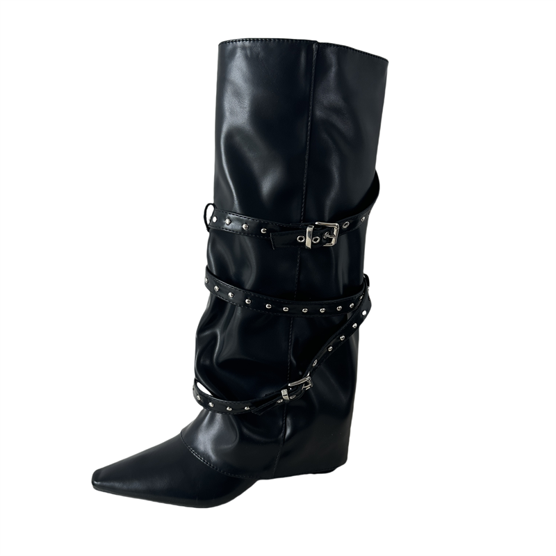 2026 New Winter Fashion Boots for Women - High Heel Studded Belt Buckle Pointed Toe Over-the-Knee Boots - Image 5