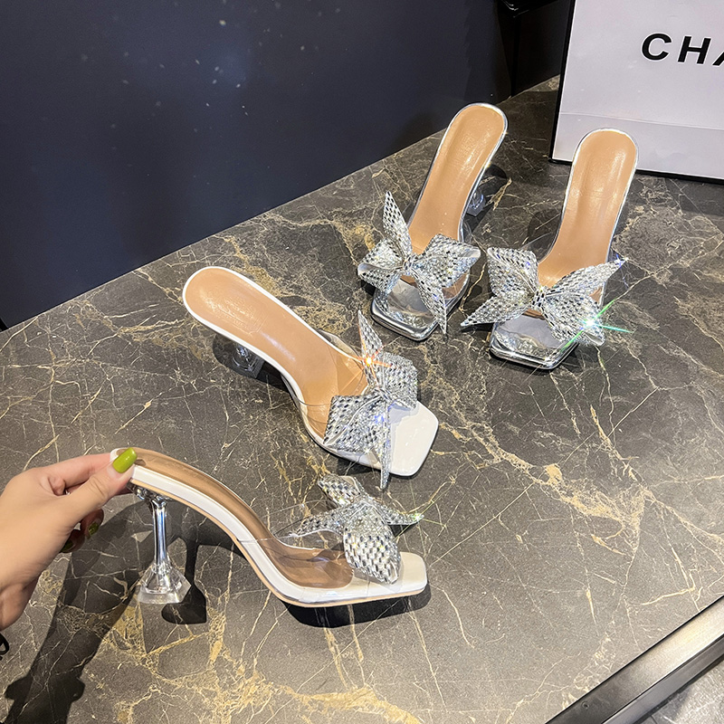 2026 Summer New Sexy Nightclub Rhinestone Bow Sandals Women Transparent Thin Heel Open Toe Versatile High Heels
