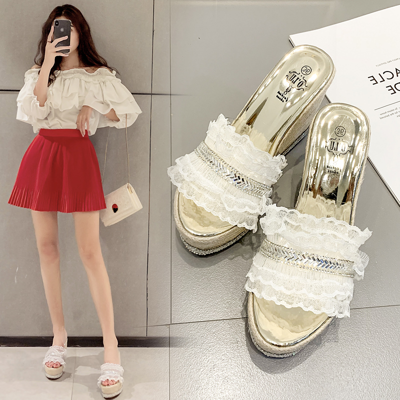Korean Style 2026 New Flower Fairy Style Rhinestone Wedge Heel Slippers for Women - Image 2