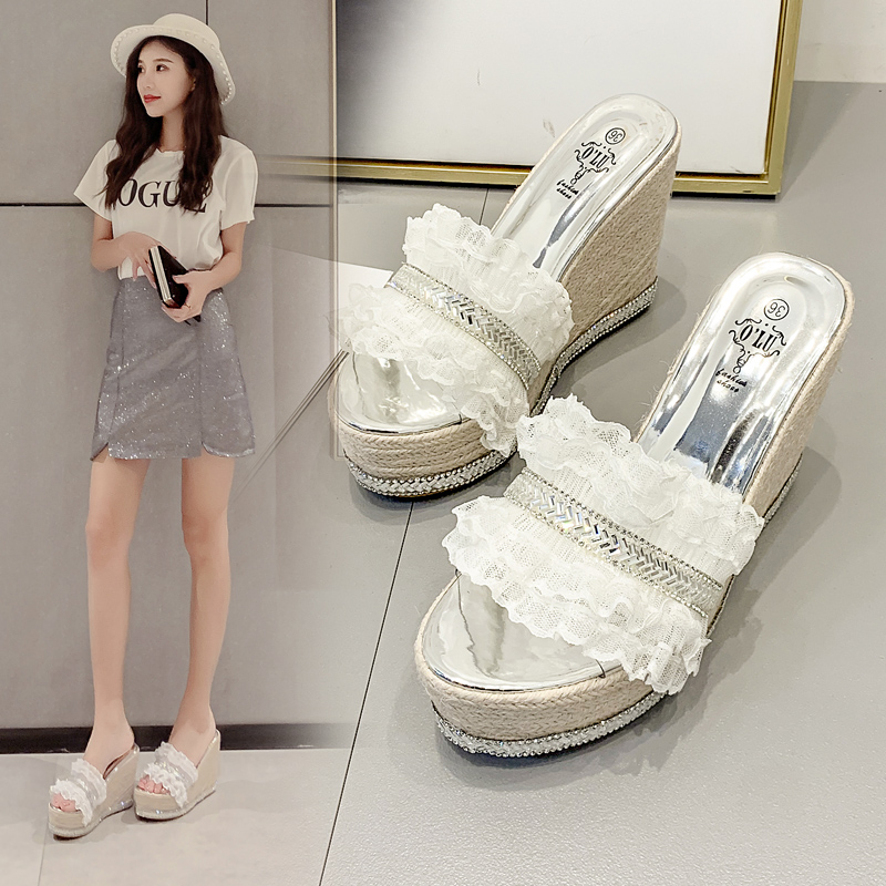 Korean Style 2026 New Flower Fairy Style Rhinestone Wedge Heel Slippers for Women - Image 3