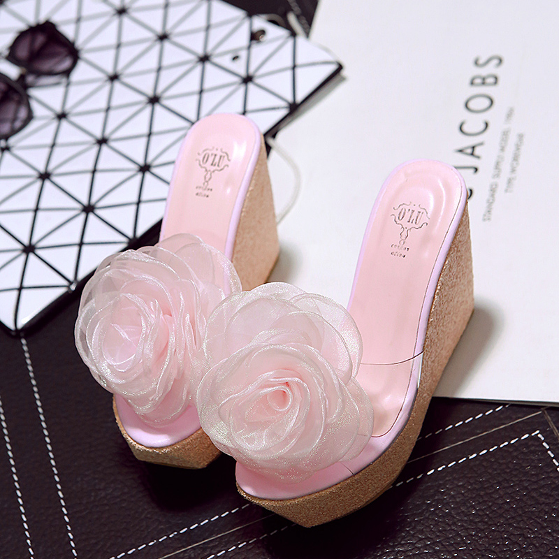 Large Flower Plastic Sandals Women's Slippers Platform Thick Sole Sweet Wedge Ultra High Heel Open Toe