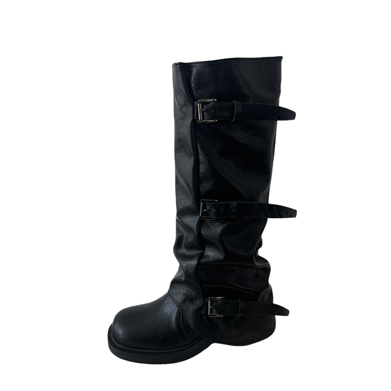 Natural Curl Thick Sole Belt Buckle Boots for Women Pleated Soft Leather Round Toe High Tube Stacked Boots High Tube Riding Boots - Image 5