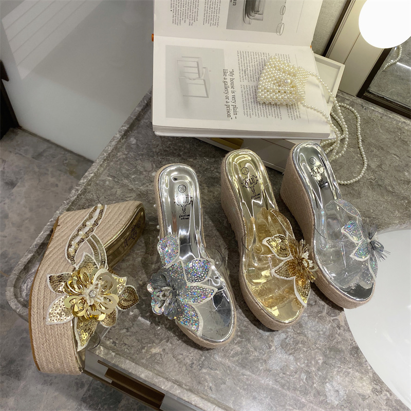 New Rope Woven Platform Thick Sole Sandals Flower Pearl Transparent Waterproof Platform Women's Wedge High Heel Slippers Summer
