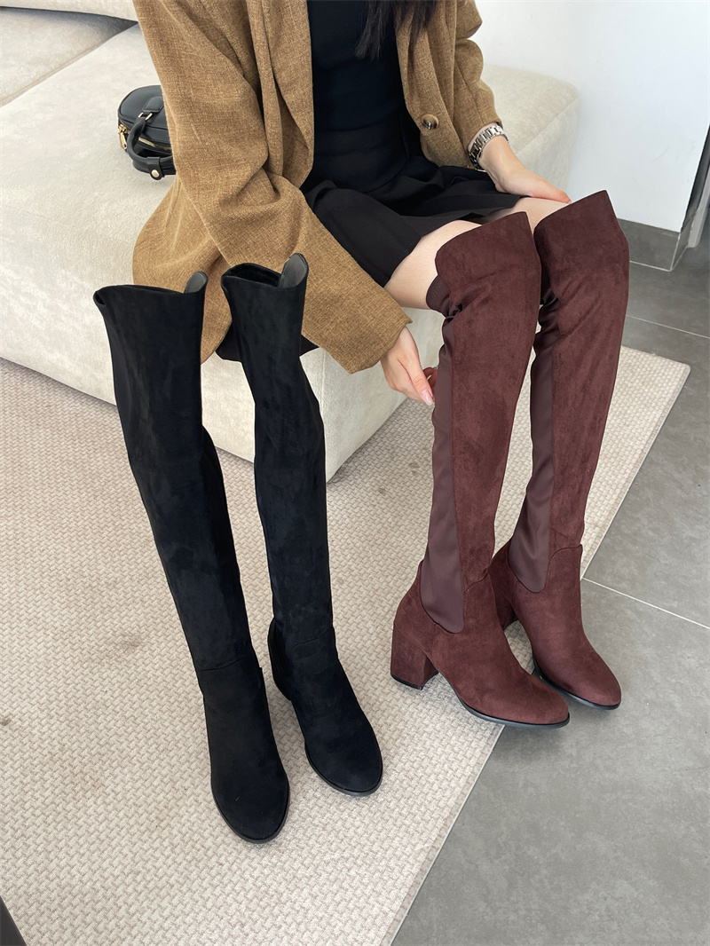 Over Knee Boots for Women 2025 Winter 5050 High Heel Round Toe Stretch Boots Slim Fit Leg Slimming