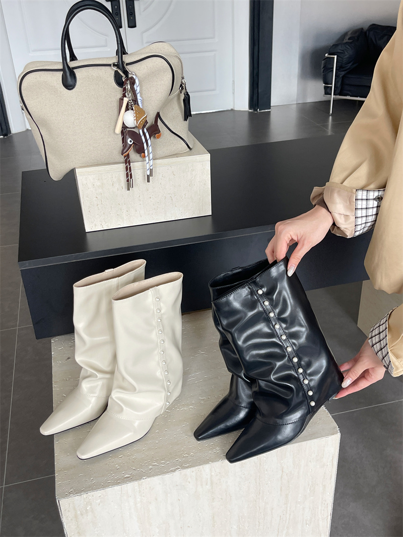 Pearl Pointed Toe Wedge Mid Calf Boots for Women - Slim Fit PU Leather Winter Boots