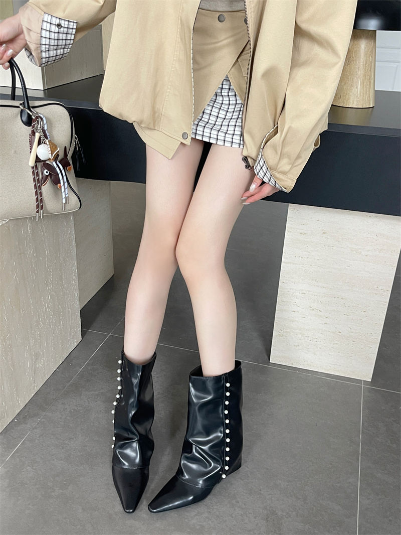 Pearl Pointed Toe Wedge Mid Calf Boots for Women - Slim Fit PU Leather Winter Boots - Image 3