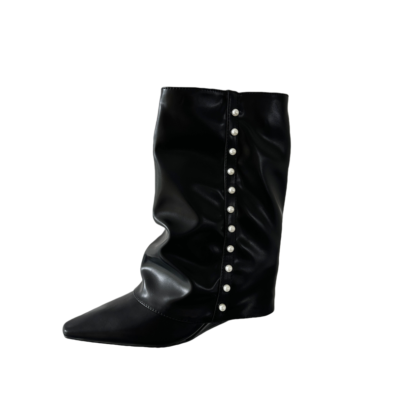 Pearl Pointed Toe Wedge Mid Calf Boots for Women - Slim Fit PU Leather Winter Boots - Image 5