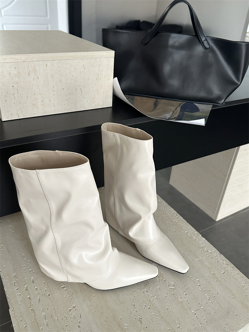 Trendy Off-White High Heel Boots for Women 2026 New Arrival Wedge Ankle Boots Pointed Toe Mid Calf Slim Boots - Image 4