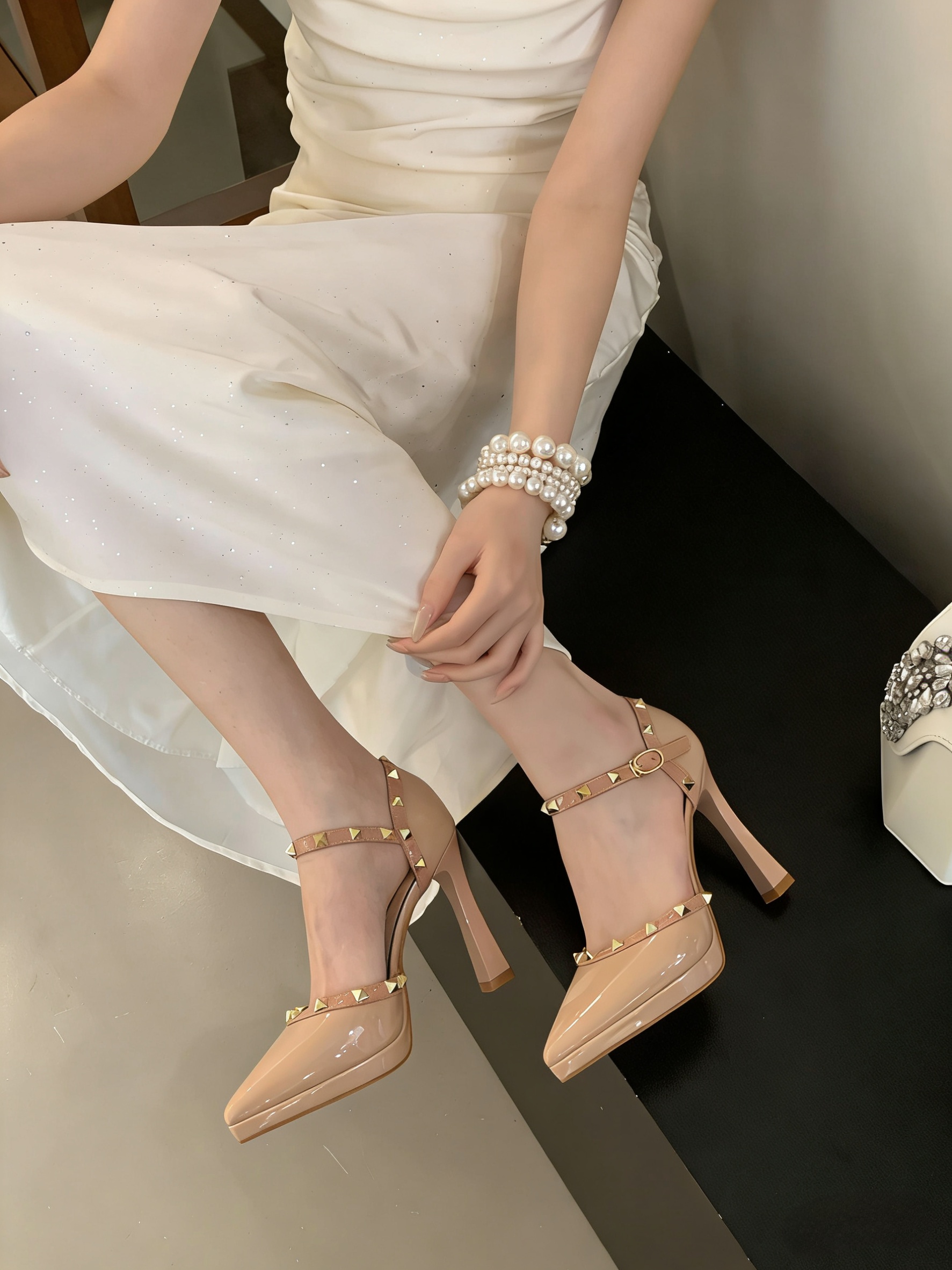 Waterproof Platform Pointed Toe Rivet High Heel Shoes Women 2026 Spring Summer New Nude Thin Heel One-Strap Sexy Beautiful Sandals - Image 3