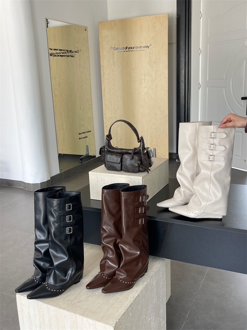 Western Cowboy Boots with Folded Shaft Tall Riding Boots for Women Punk Style Pointed Toe Trouser Boots Belt Buckle Long Boots
