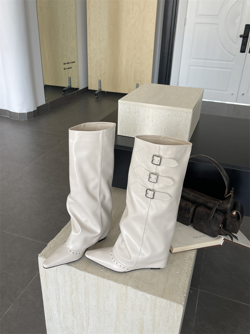 Western Cowboy Boots with Folded Shaft Tall Riding Boots for Women Punk Style Pointed Toe Trouser Boots Belt Buckle Long Boots - Image 4