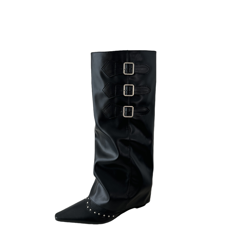Western Cowboy Boots with Folded Shaft Tall Riding Boots for Women Punk Style Pointed Toe Trouser Boots Belt Buckle Long Boots - Image 5