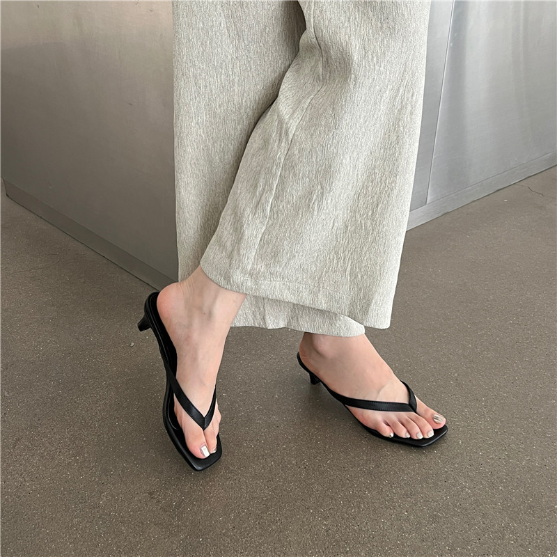 Women's Summer Flip Flop Sandals 2024 New Style Square Toe Kitten Heel French Fashion Mid Heel Slides