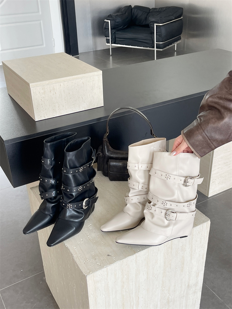 Women's Vintage White High-Top Boots with Inner Height Increase, Pointed Toe, Slim Fit, Studded Trouser Boots - Image 3