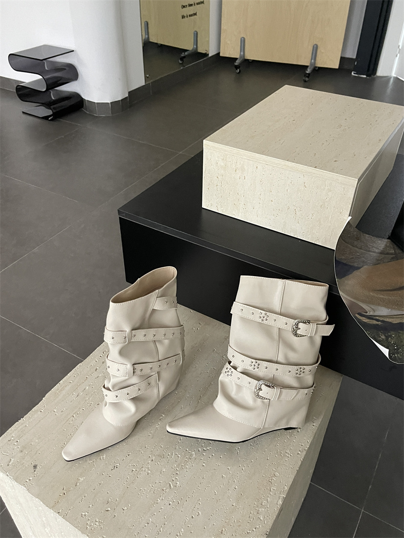 Women's Vintage White High-Top Boots with Inner Height Increase, Pointed Toe, Slim Fit, Studded Trouser Boots - Image 4