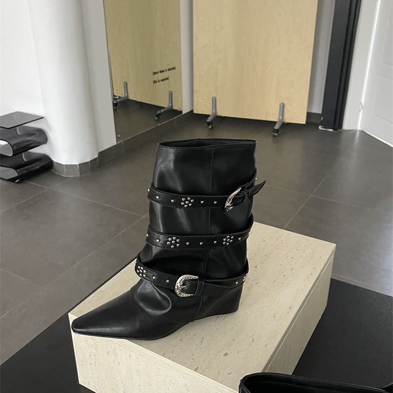 Women's Vintage White High-Top Boots with Inner Height Increase, Pointed Toe, Slim Fit, Studded Trouser Boots - Image 5